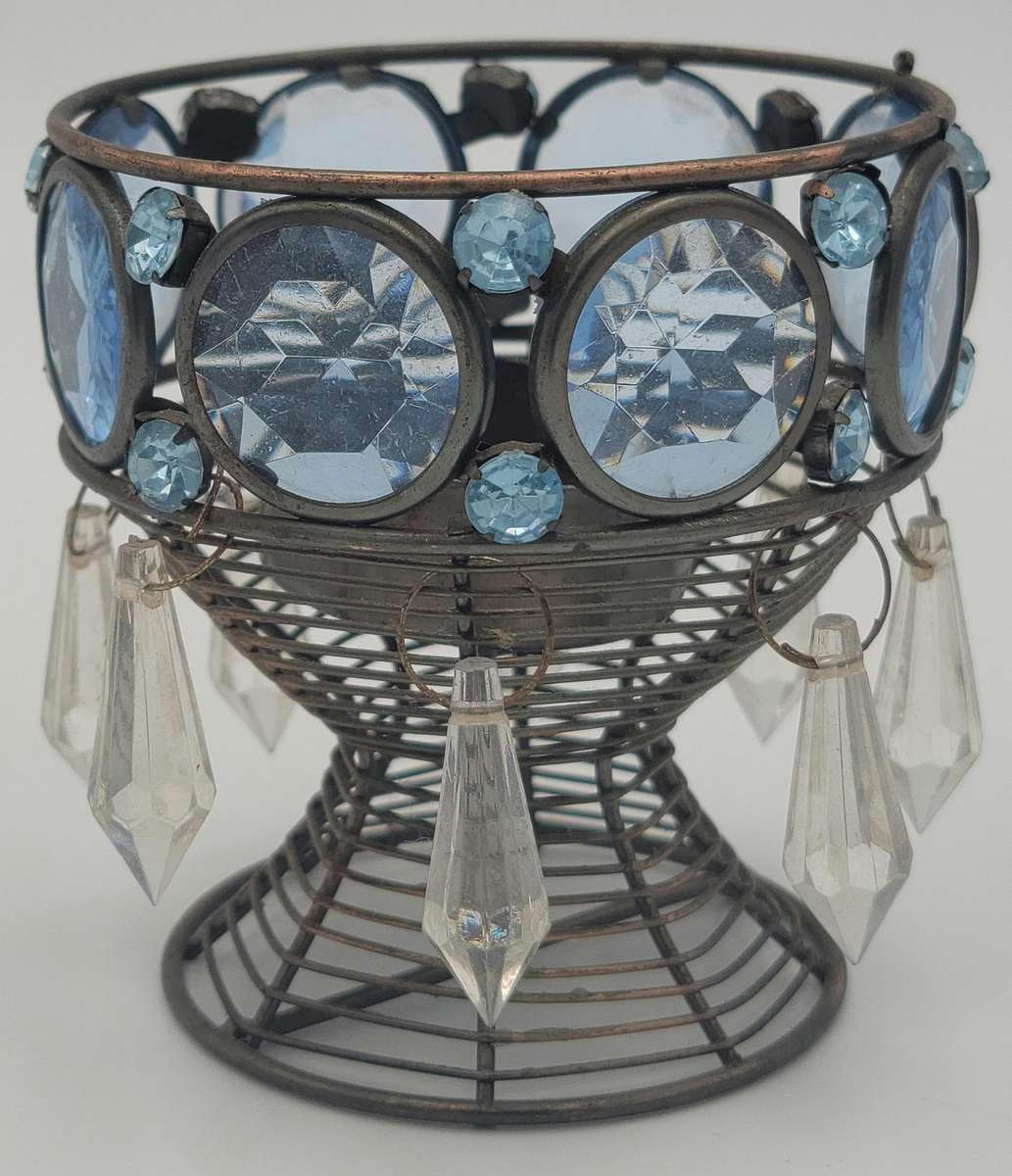 Vintage Blue Cut Glass Tealight Candle Holder - Metal Frame - Lovely Colour