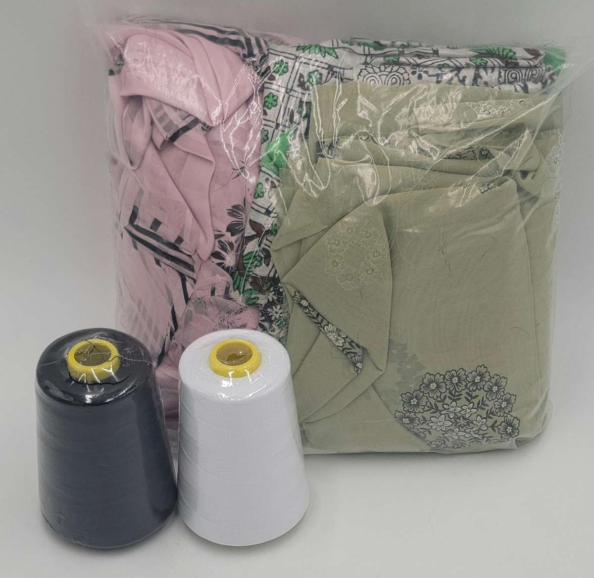 Light Pink & Green Fabric Batch - Precut in Rectangular Shapes for Head Scarves - with Thread