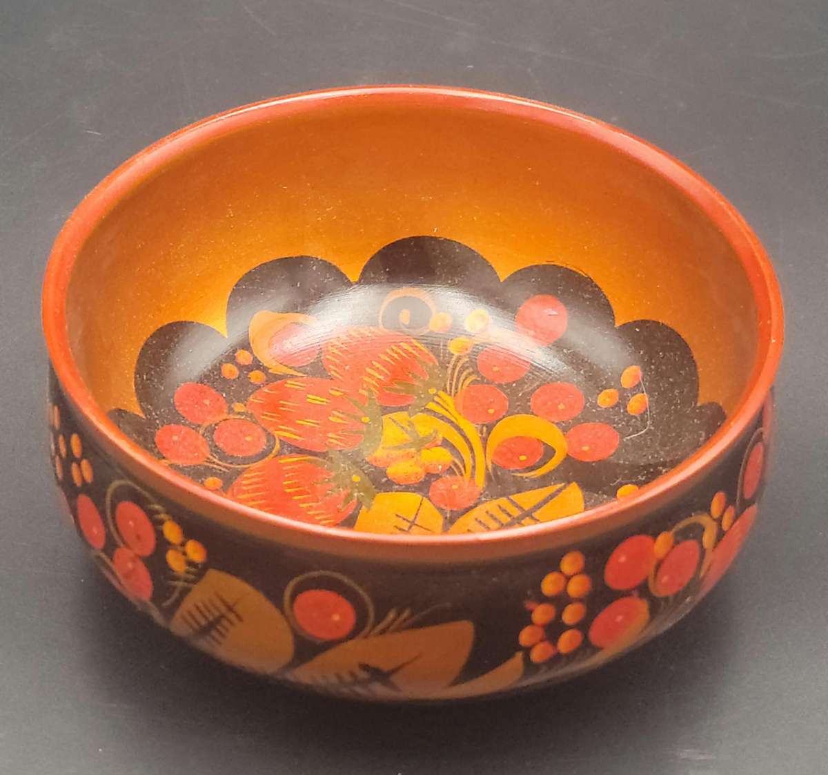 Vintage Russian Folk Art Khokhloma Hand painted Wooden Bowl and Spoon Set - 9 piece