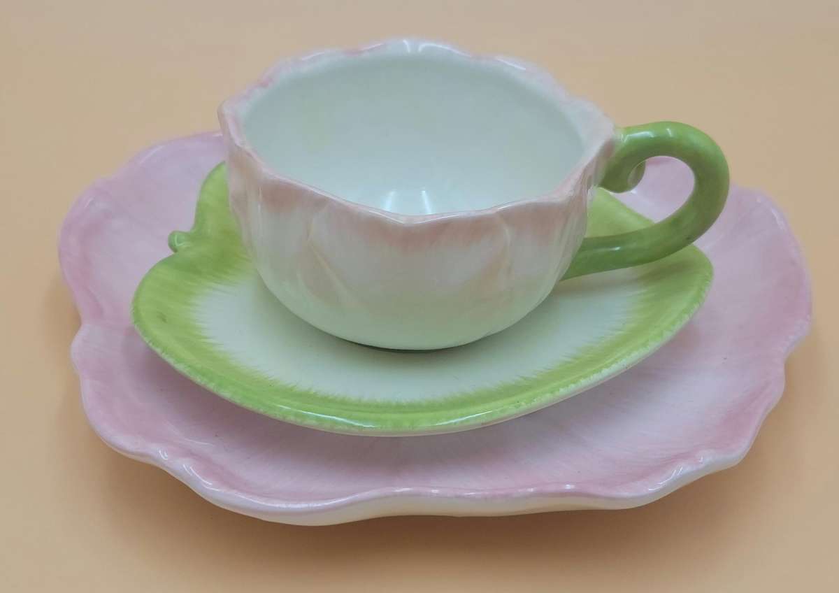 Floral Themed Cup, Saucer & Plate - Soft Pink & Lime Green - Handmade & painted