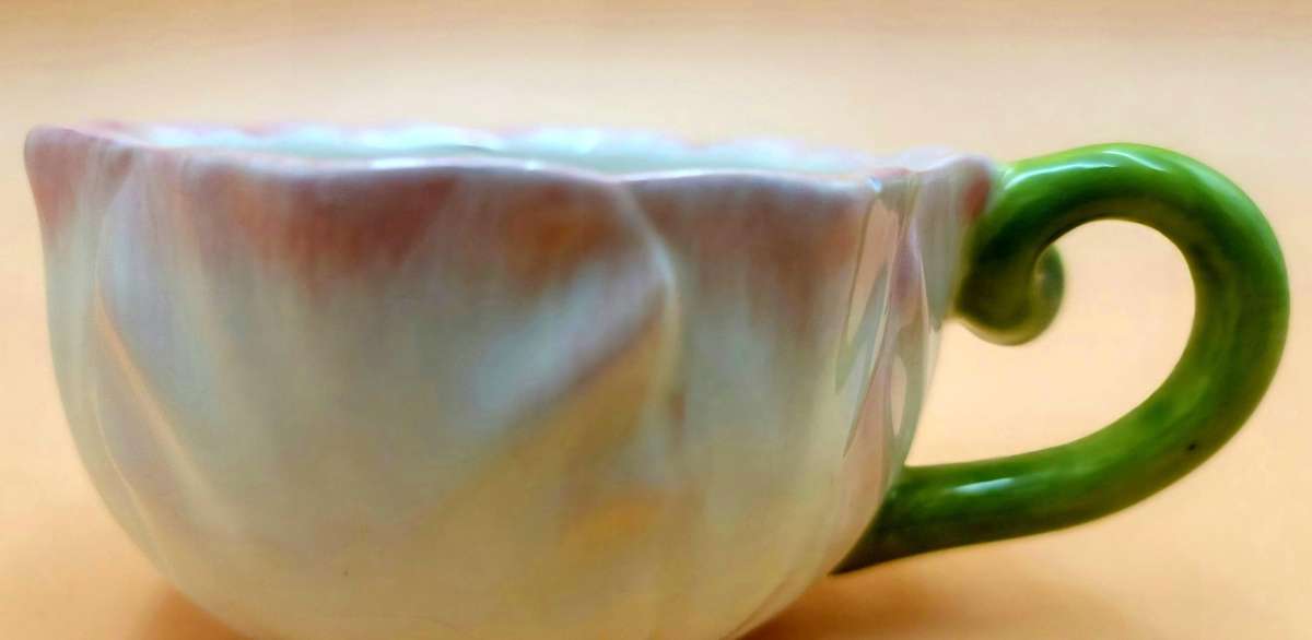 Floral Themed Cup, Saucer & Plate - Soft Pink & Lime Green - Handmade & painted