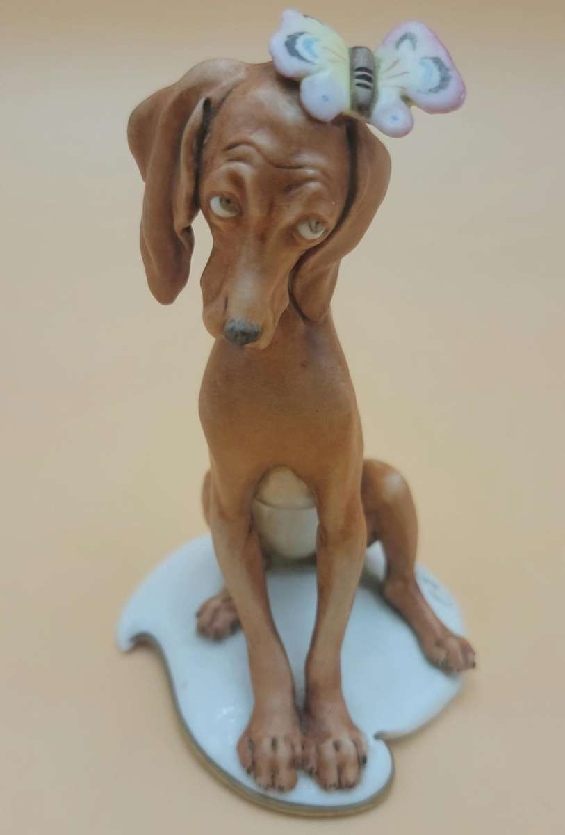 Vintage Capodimonte - Guiseppe Cappe Dog with Butterfly Figurine - The Sweetest Face!