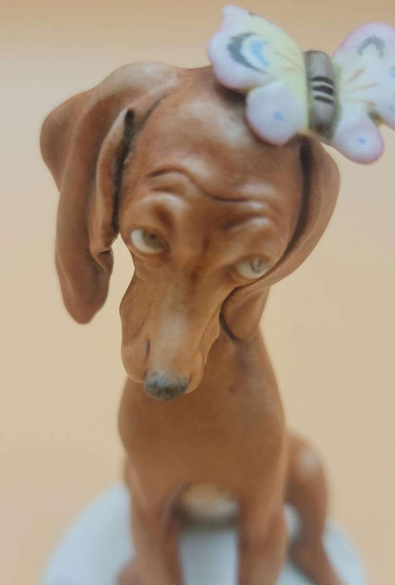Vintage Capodimonte - Guiseppe Cappe Dog with Butterfly Figurine - The Sweetest Face!