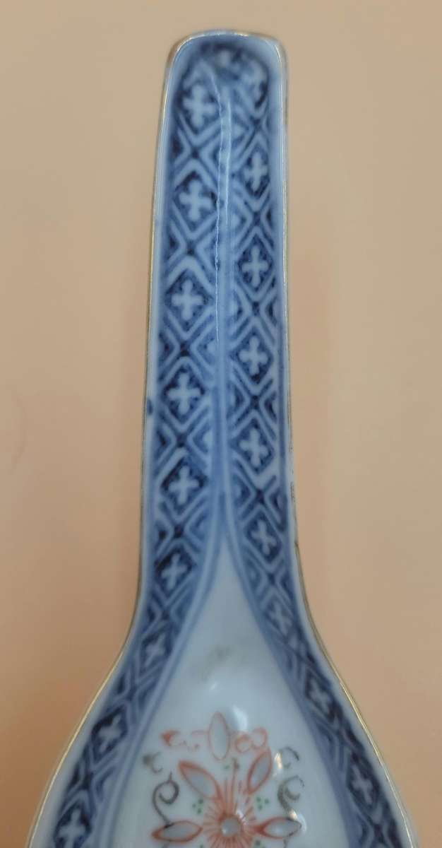 Antique Pair of Blue & White Porcelain Chinese Rice/Soup Spoons