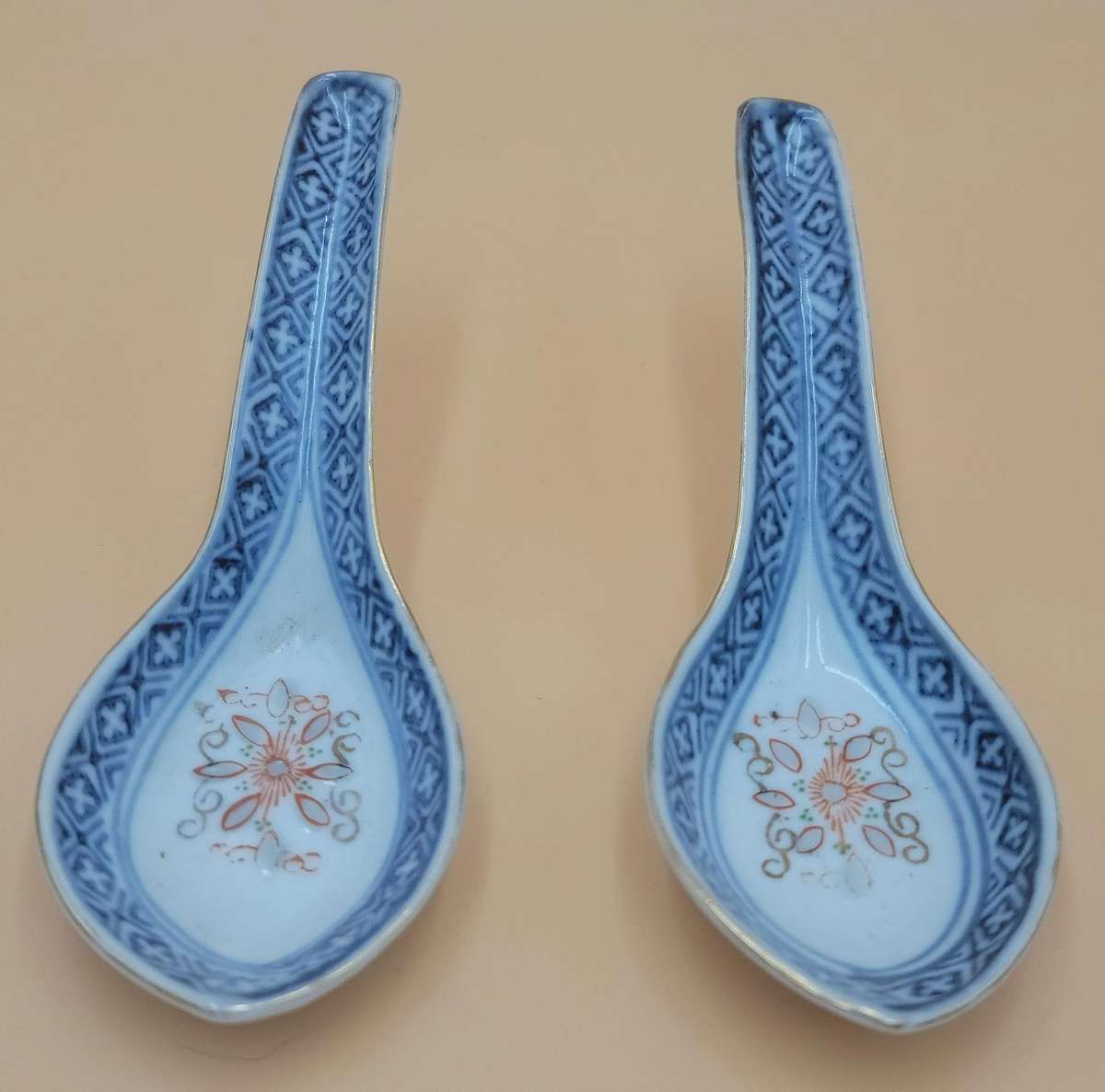 Antique Pair of Blue & White Porcelain Chinese Rice/Soup Spoons