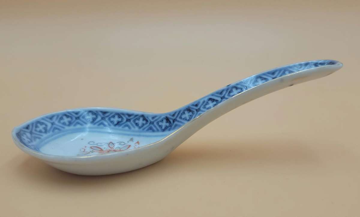Antique Pair of Blue & White Porcelain Chinese Rice/Soup Spoons