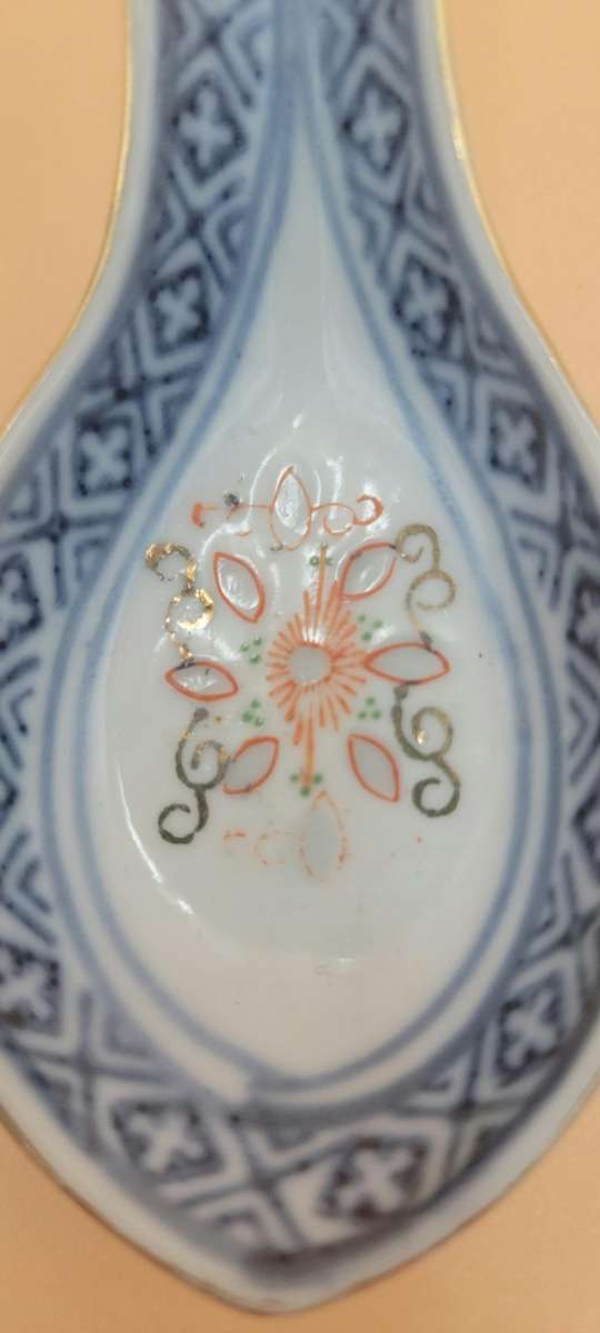 Antique Pair of Blue & White Porcelain Chinese Rice/Soup Spoons