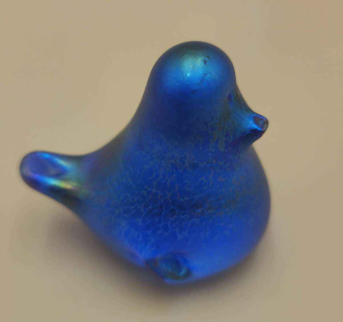 Vintage Blue Glass Bird Paperweight with Green Iridescent Finish