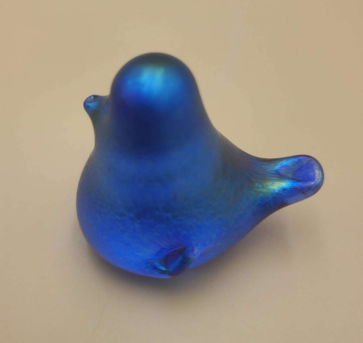 Vintage Blue Glass Bird Paperweight with Green Iridescent Finish