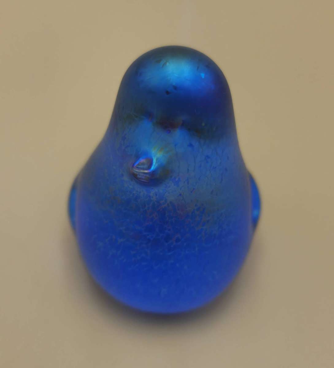 Vintage Blue Glass Bird Paperweight with Green Iridescent Finish