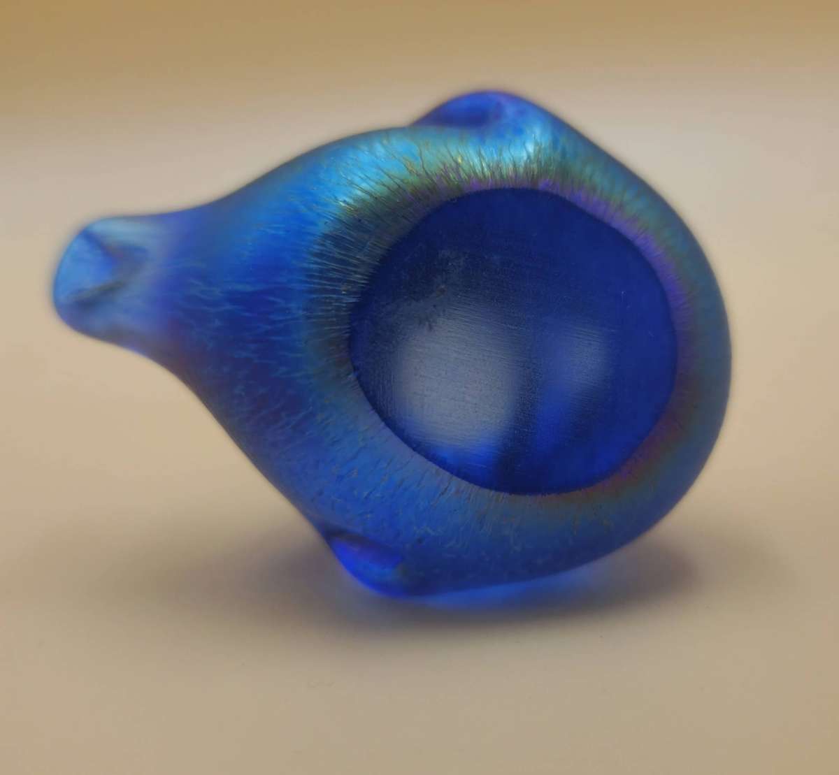 Vintage Blue Glass Bird Paperweight with Green Iridescent Finish