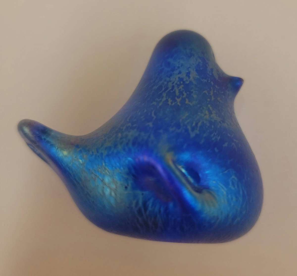 Vintage Blue Glass Bird Paperweight with Green Iridescent Finish