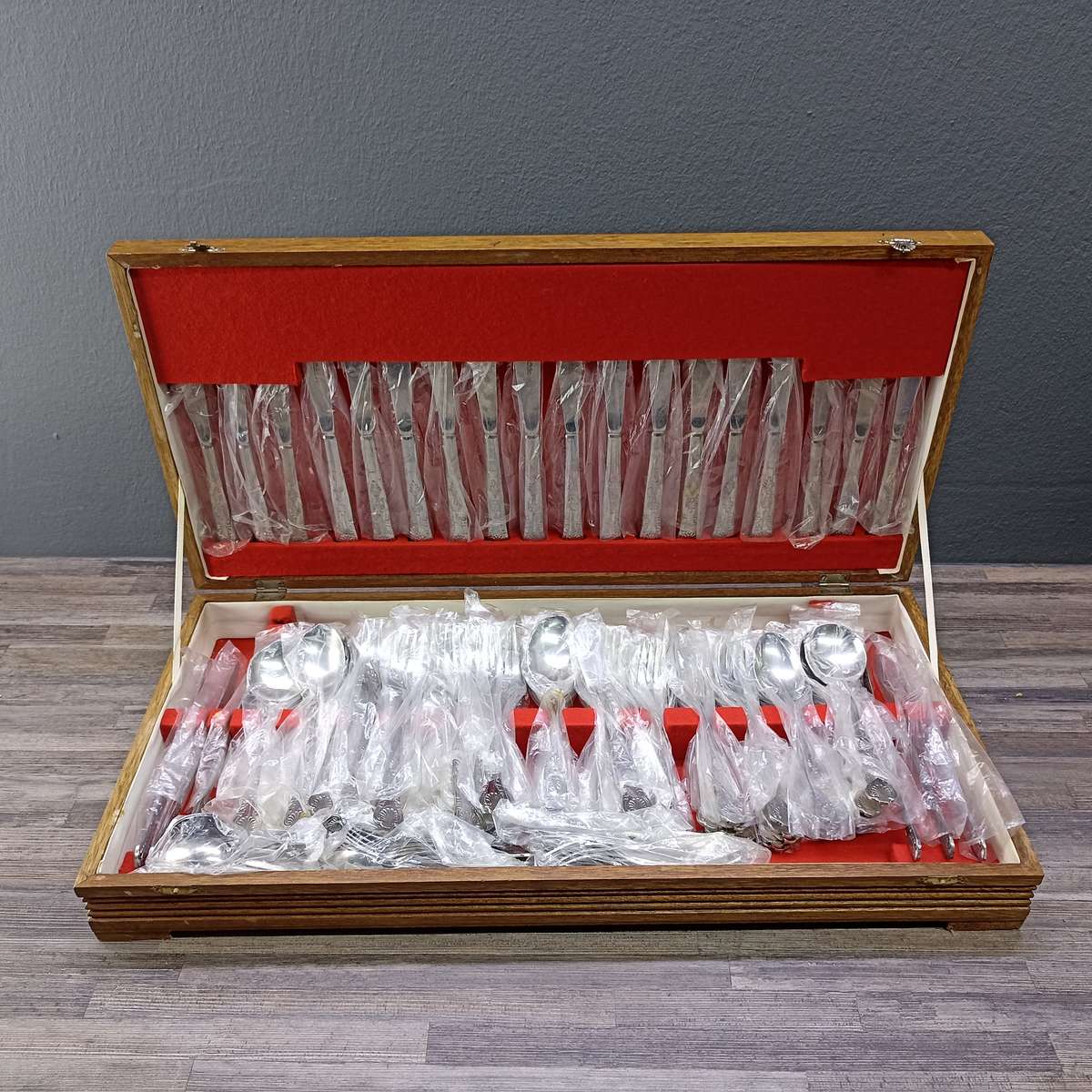 Vintage Large Wood Boxed Cutlery Set, Still Plastic sleeves - 12 Of Everything!!!