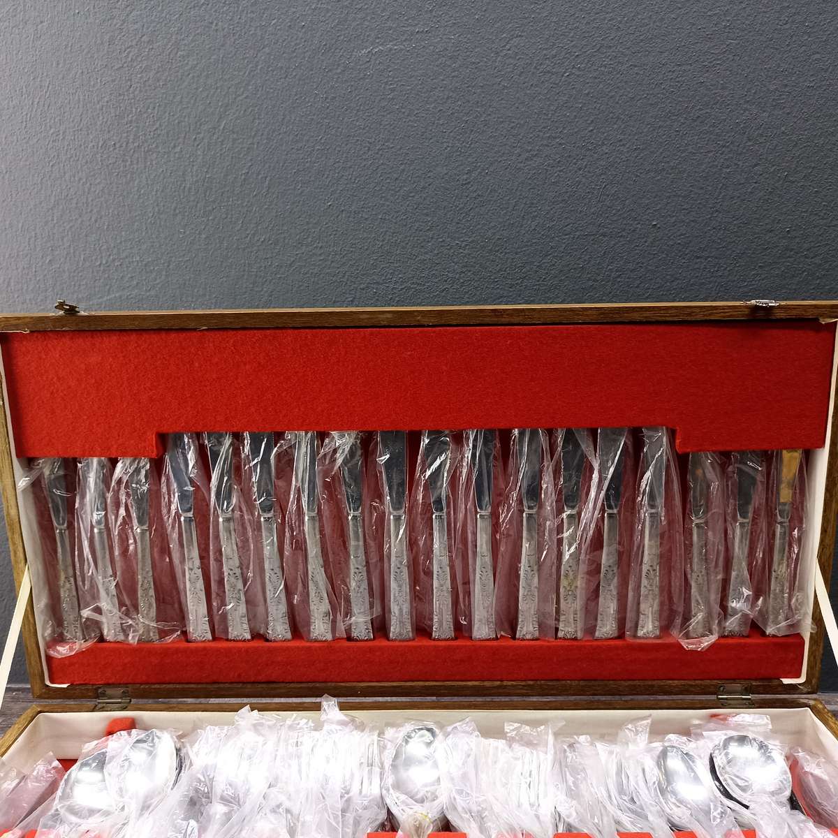 Vintage Large Wood Boxed Cutlery Set, Still Plastic sleeves - 12 Of Everything!!!