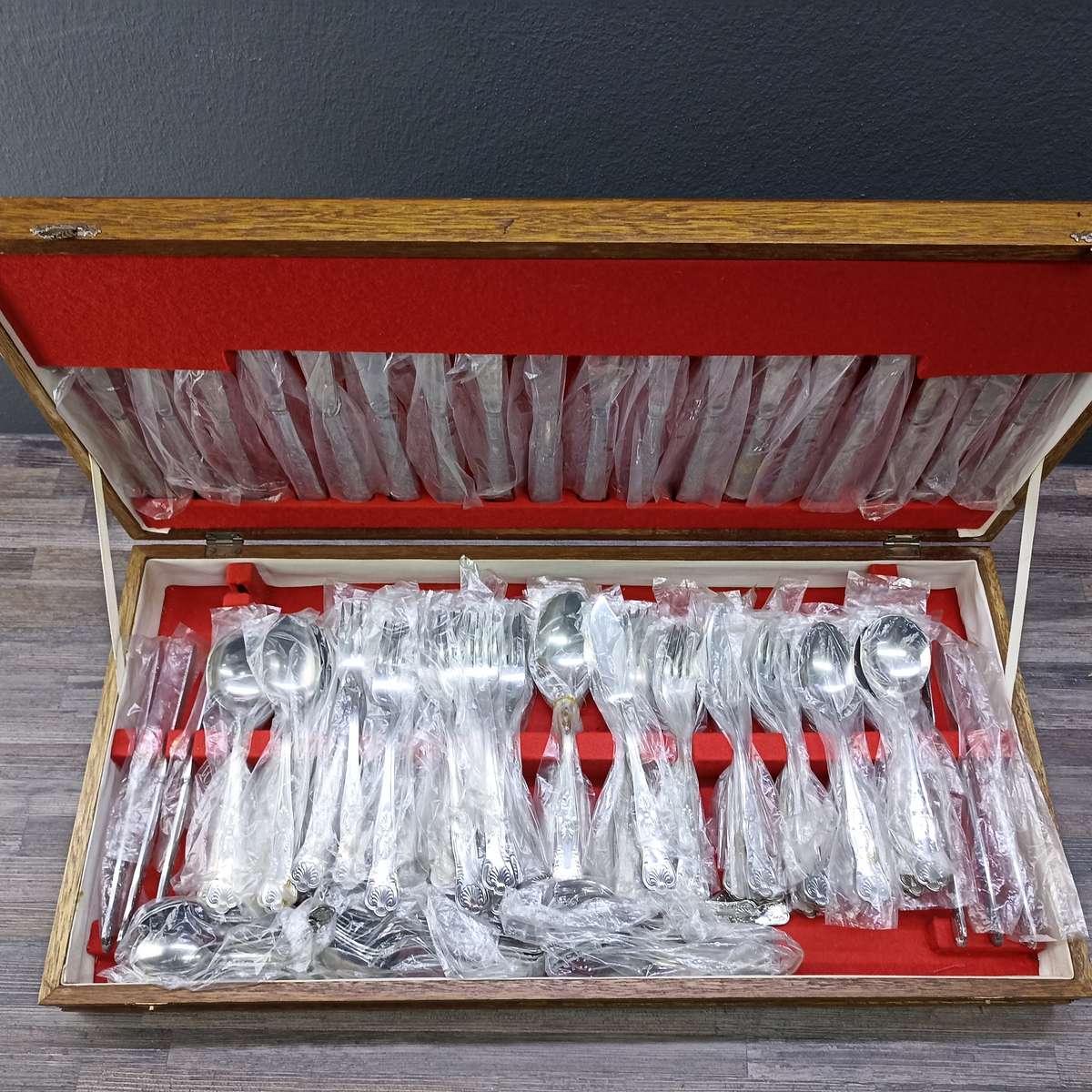 Vintage Large Wood Boxed Cutlery Set, Still Plastic sleeves - 12 Of Everything!!!