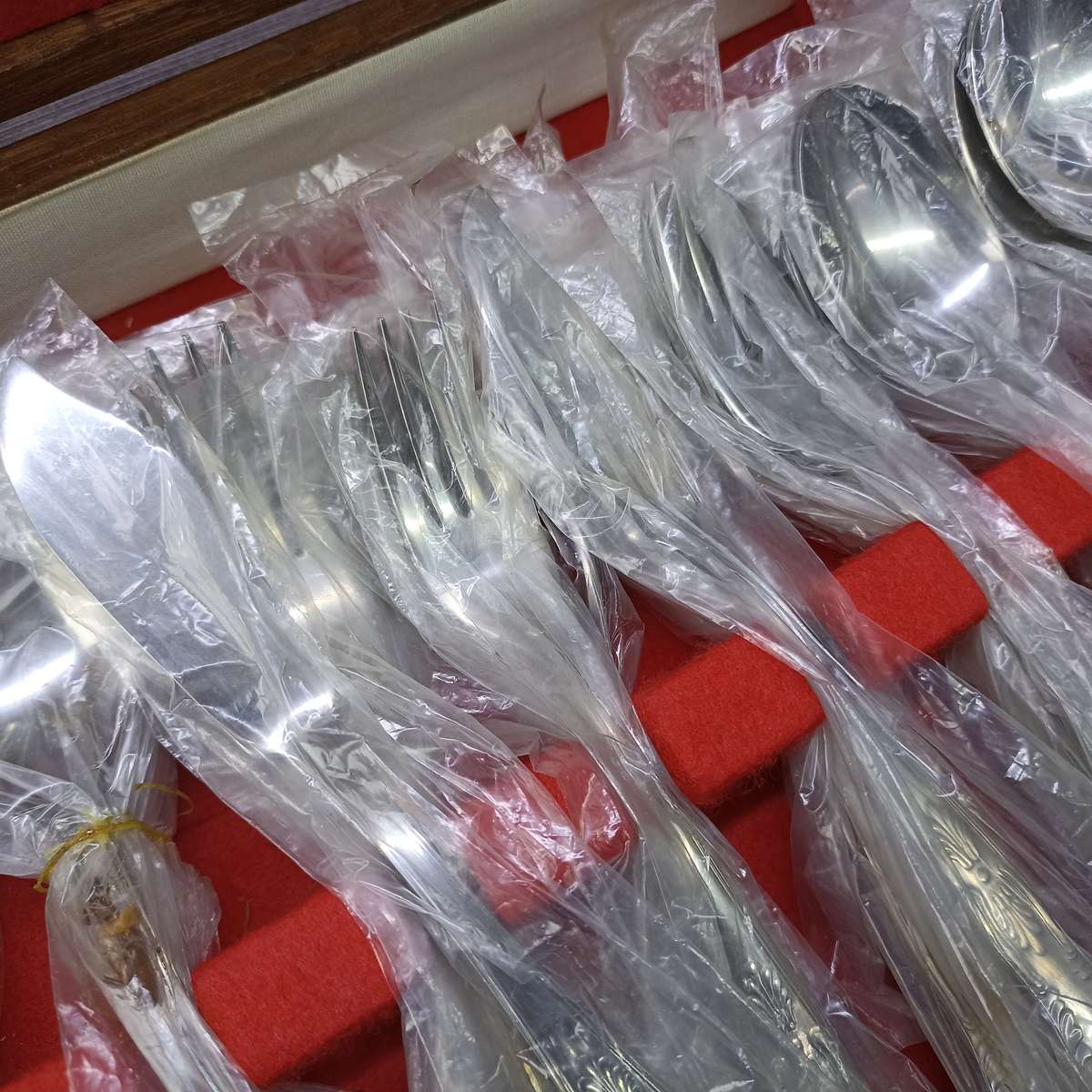 Vintage Large Wood Boxed Cutlery Set, Still Plastic sleeves - 12 Of Everything!!!