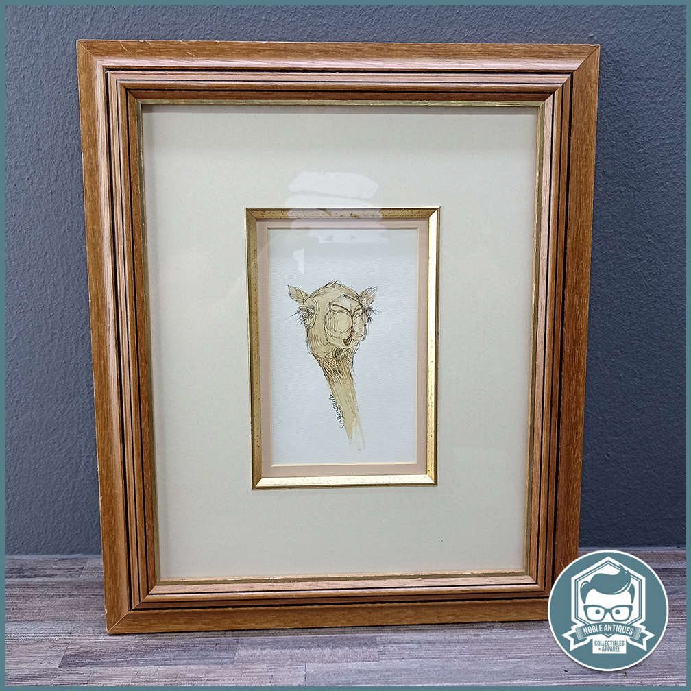 Framed and signed ink and watercolor camel art
