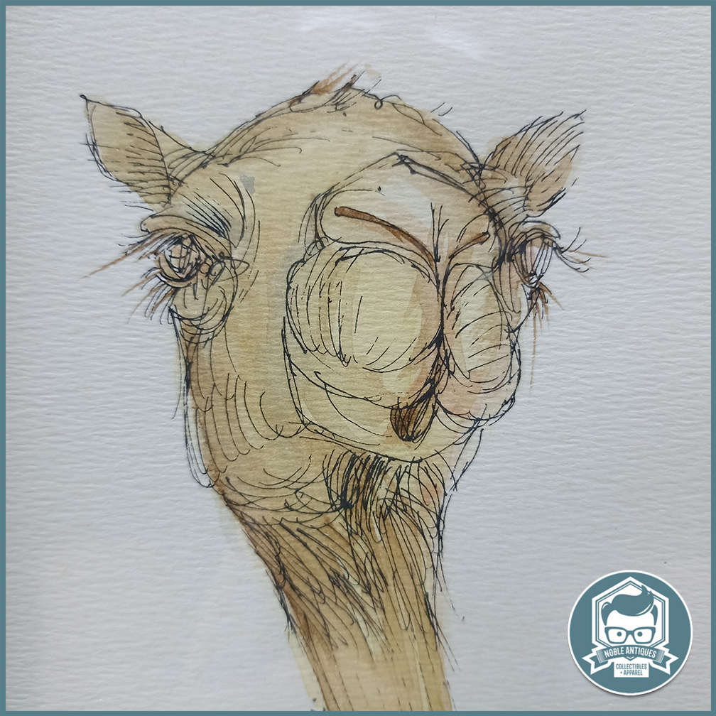 Framed and signed ink and watercolor camel art