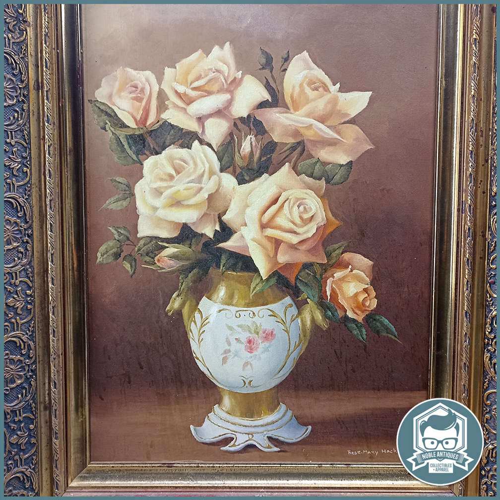 Large Ornately Framed Rose-Mary Hacking oil on Board still life painting 800 x 700