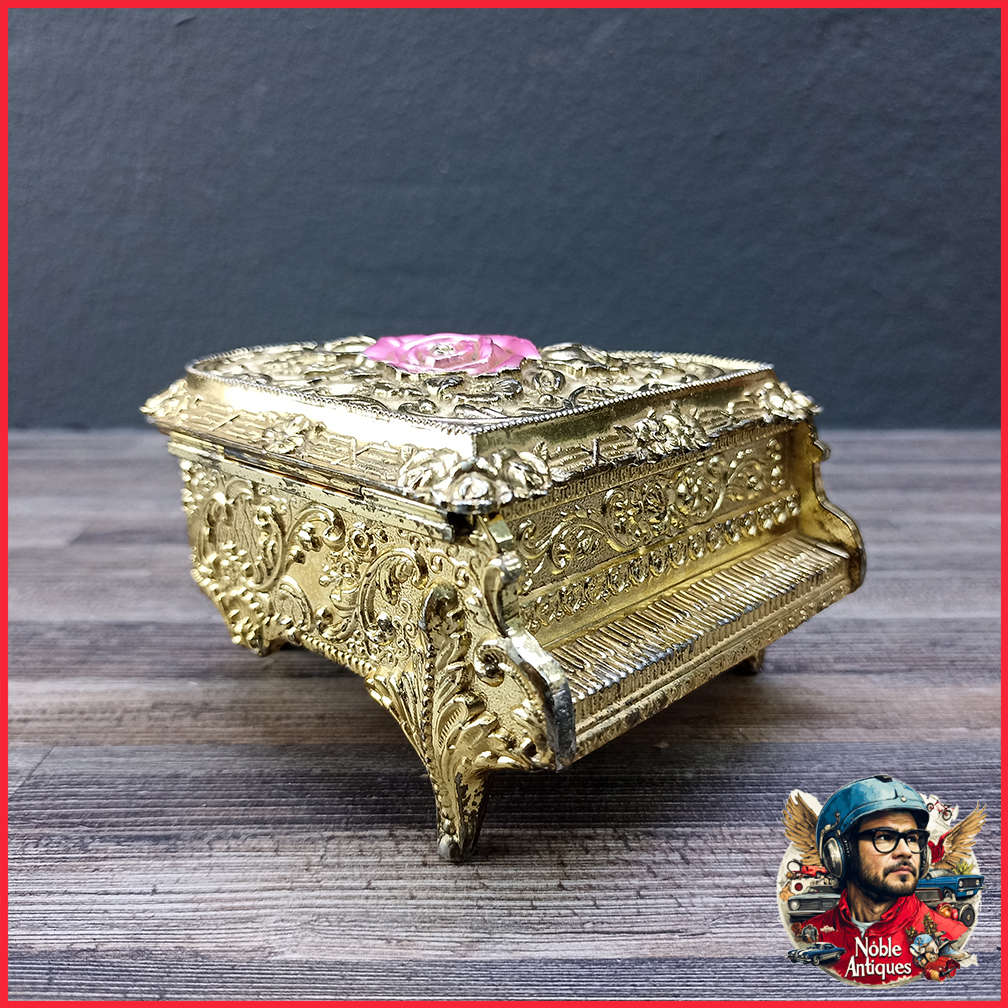 Vintage Ornate Metal Piano Trinket Jewelry Box
