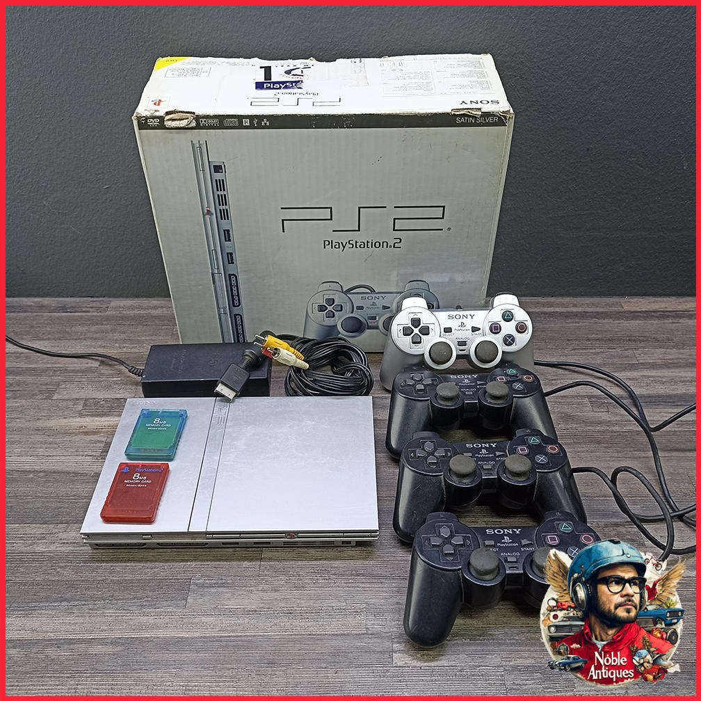 Boxed Working PS2 Silver Slimline Console With Extra Remotes and Memory Cards