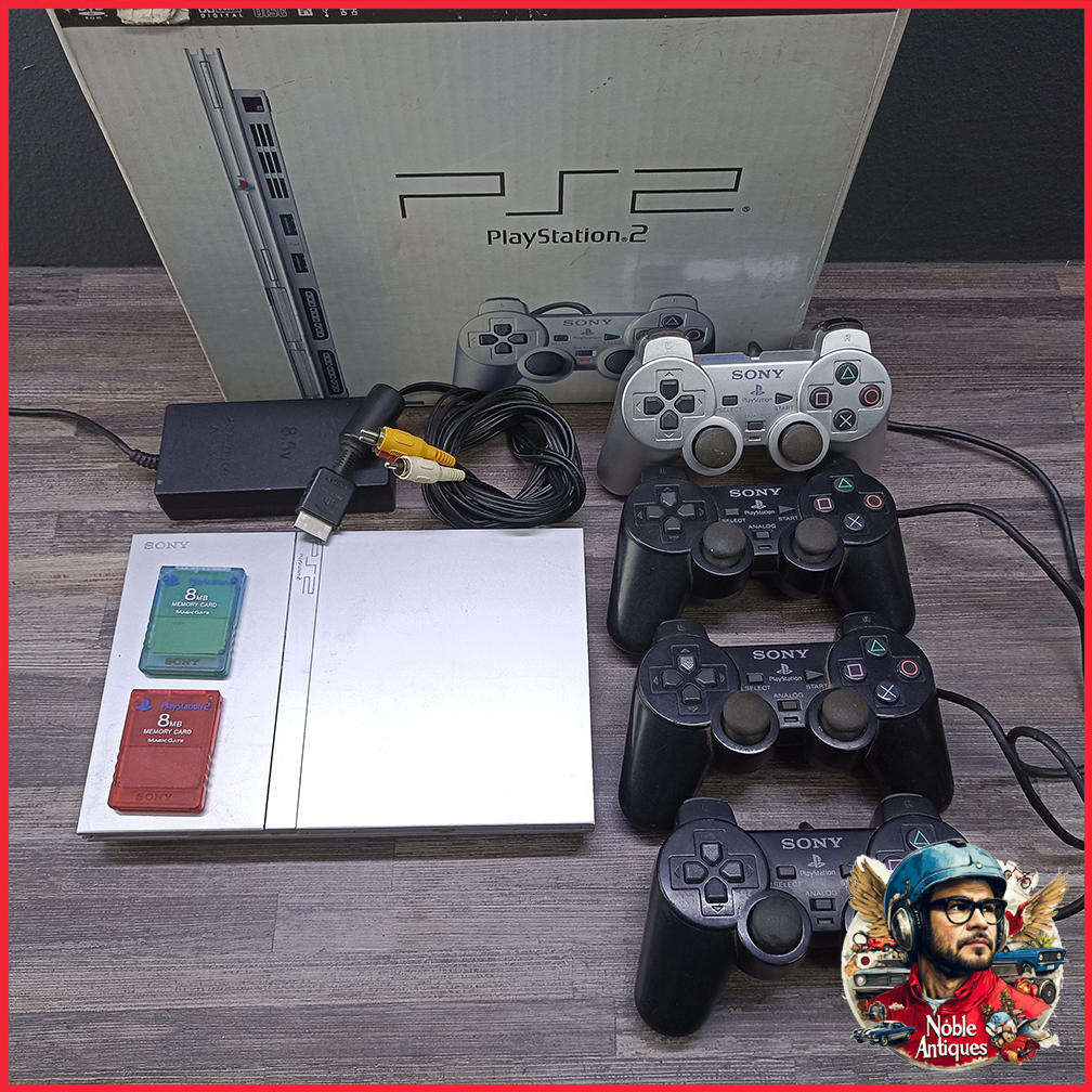Boxed Working PS2 Silver Slimline Console With Extra Remotes and Memory Cards