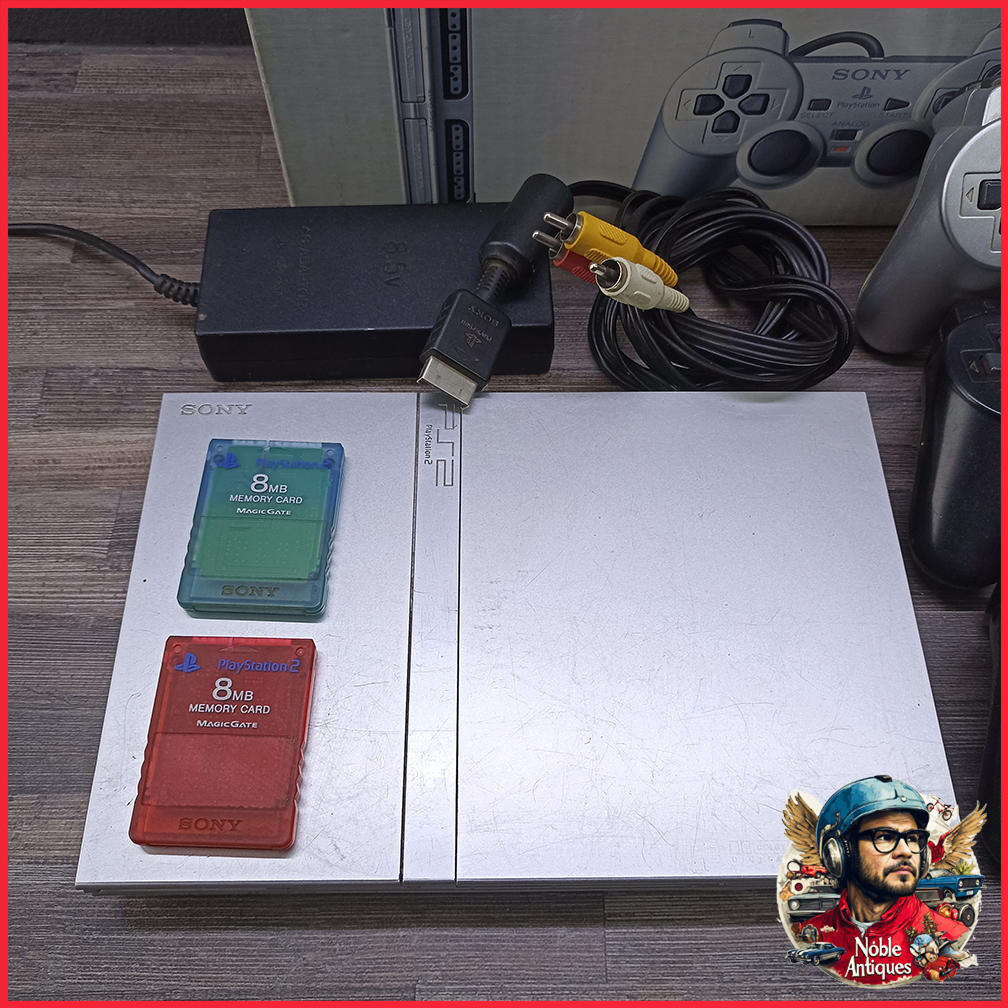 Boxed Working PS2 Silver Slimline Console With Extra Remotes and Memory Cards