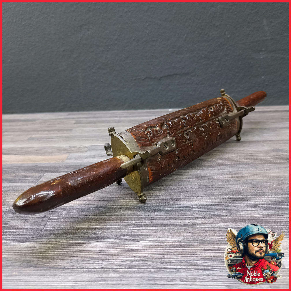 Vintage Indian Carving Set With Stand, Carved Wood & Brass