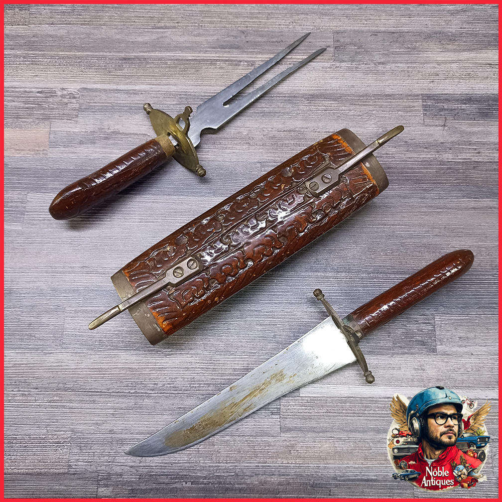 Vintage Indian Carving Set With Stand, Carved Wood & Brass