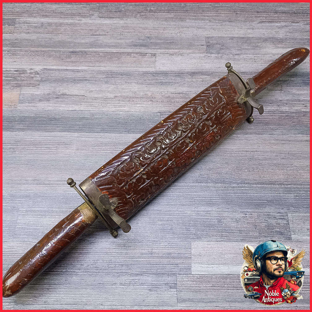 Vintage Indian Carving Set With Stand, Carved Wood & Brass