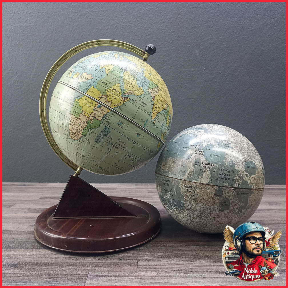Vintage Chad Valley 1950's Tin World Globe and Tin 1960s Moon Globe