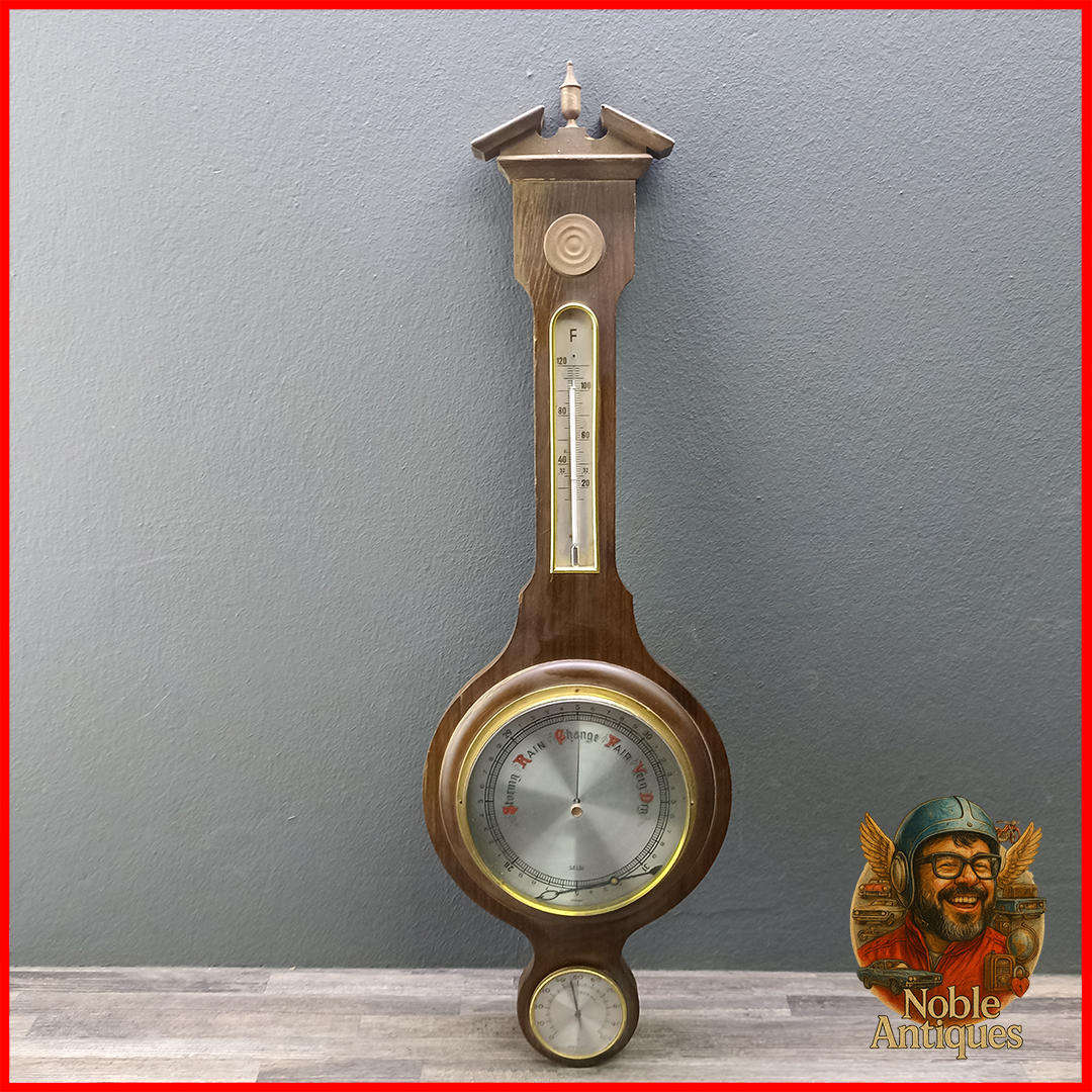 Large Vintage Wood and Brass German Banjo Barometer, Not Tested