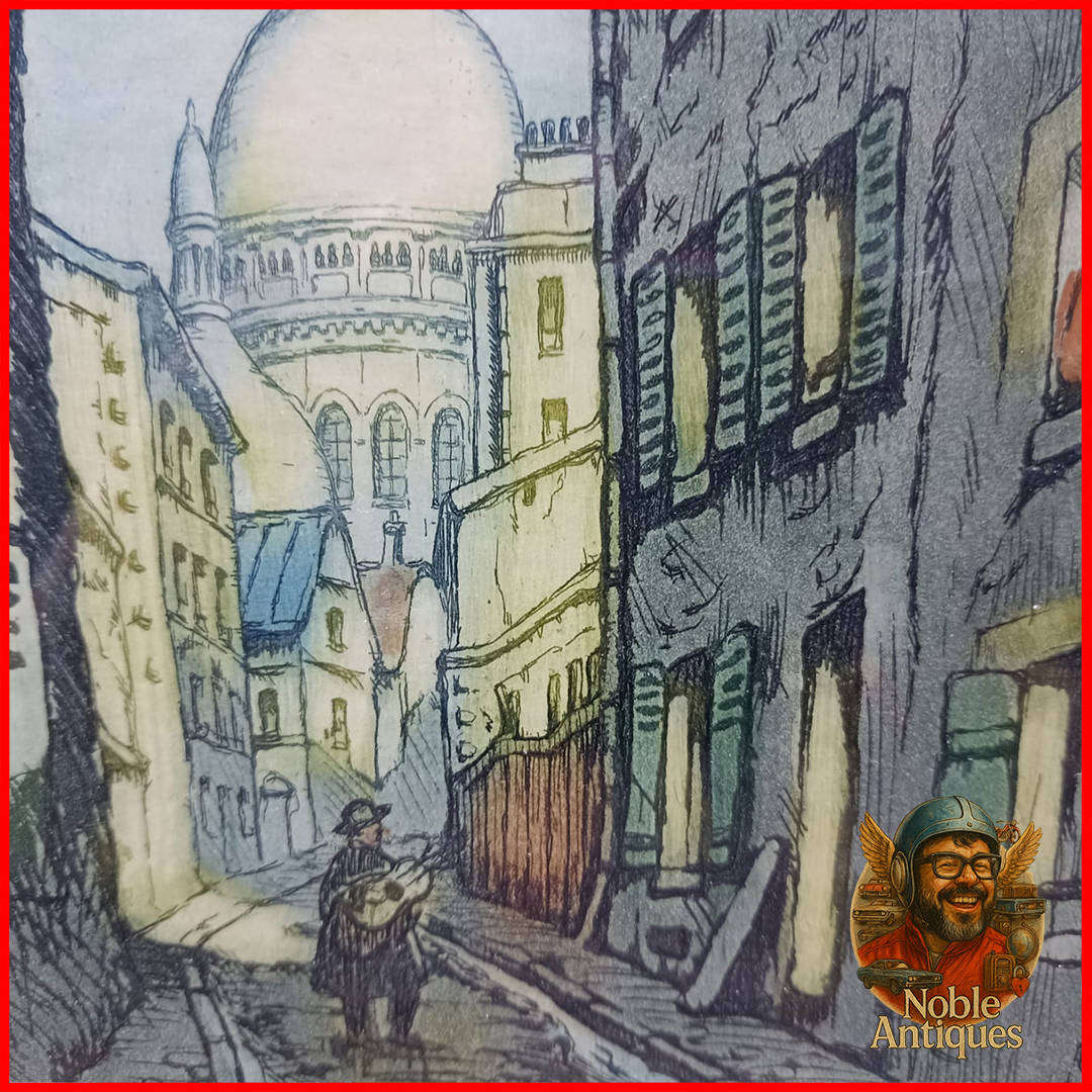 Framed artwork is a hand-colored etching by the French artist Marcel Julien Baron (1872-1956)