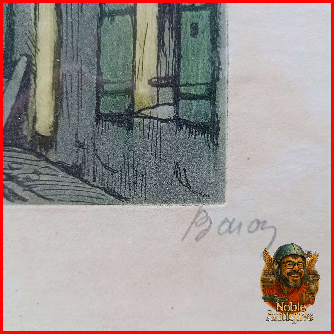 Framed artwork is a hand-colored etching by the French artist Marcel Julien Baron (1872-1956)