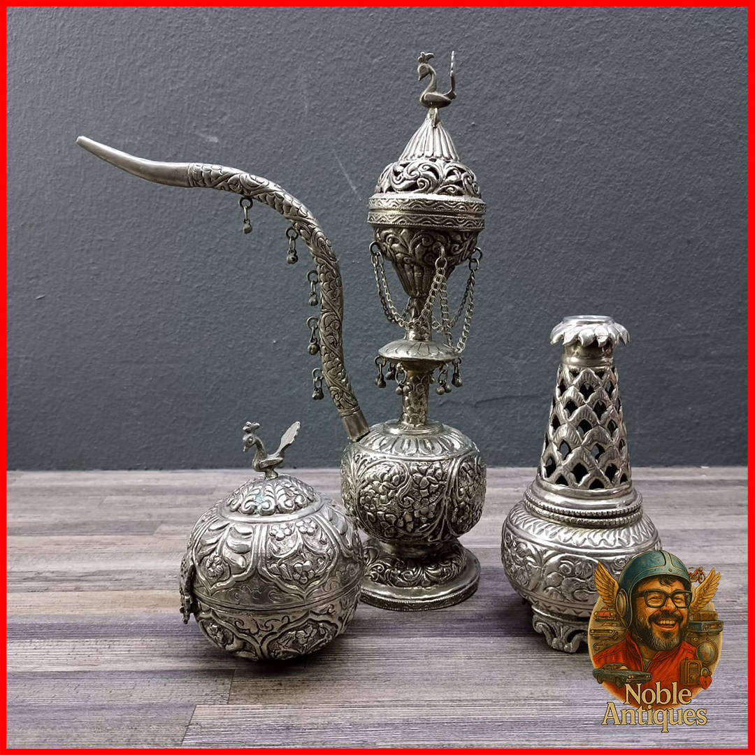 Vintage Silver Metal Arabic Smoker, Incense Stand and Jewellery Box Collection