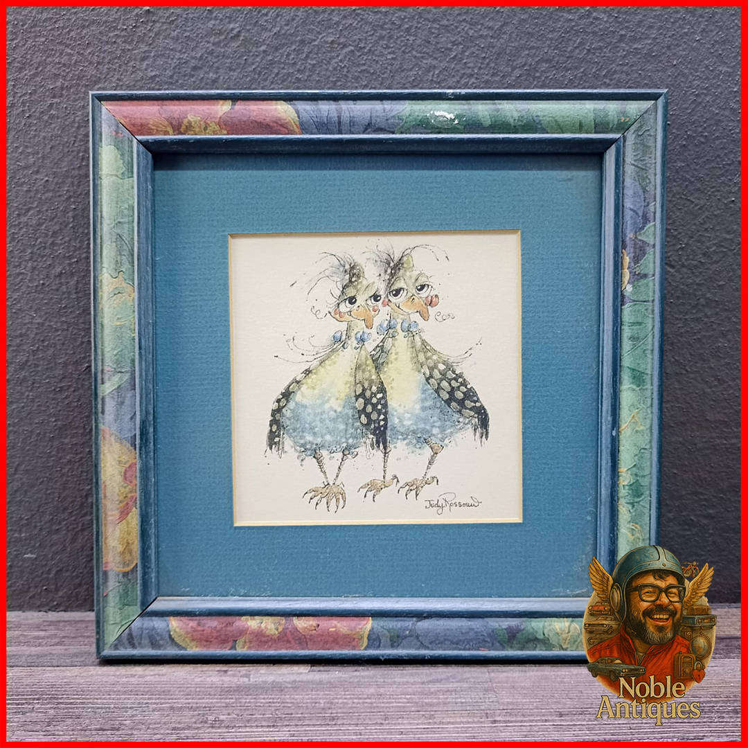 Framed Original "guinea fowl" by artist Judy Rossouw Pen and Watercolour