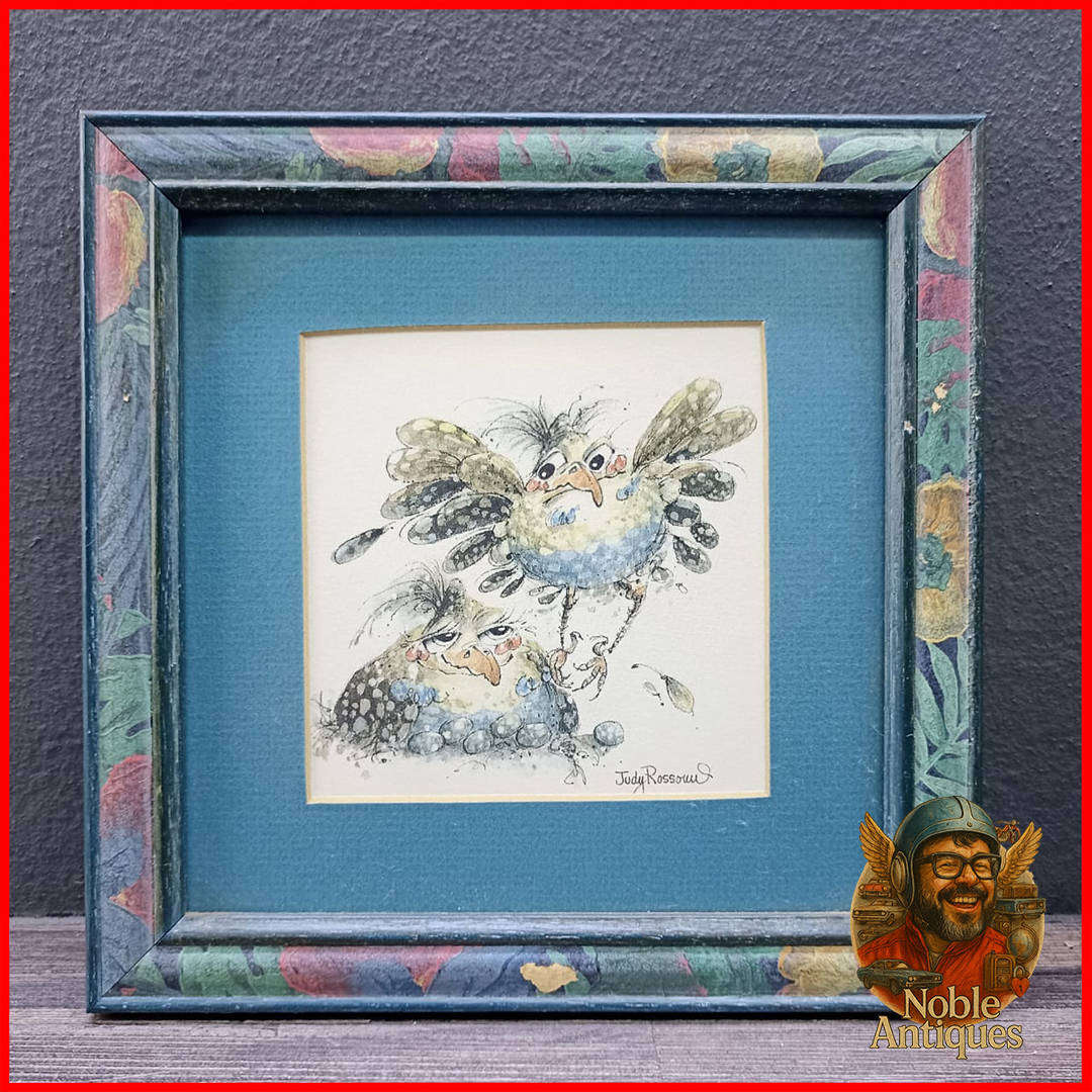 Framed Original "parental guinea fowl" by artist Judy Rossouw Pen and Watercolour