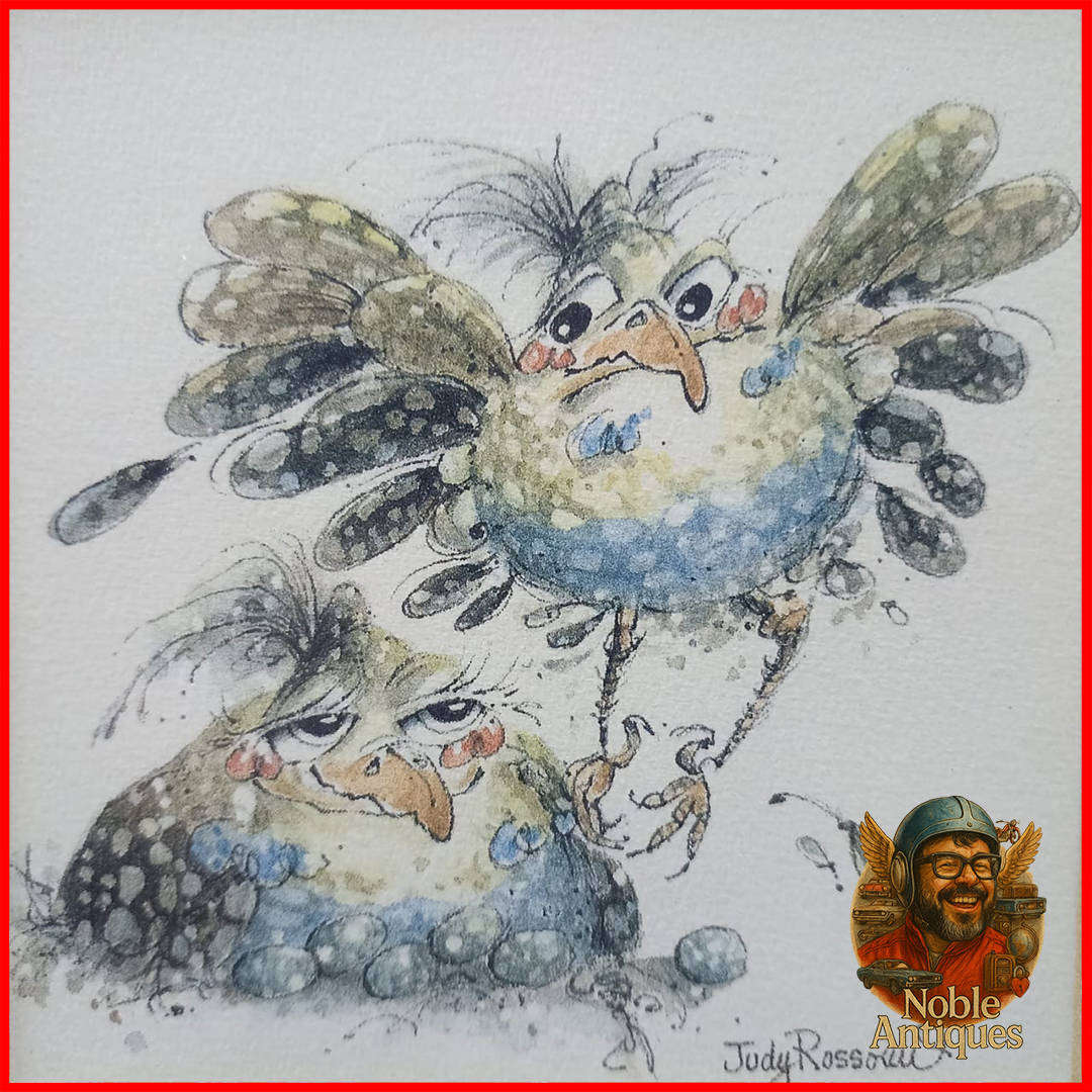 Framed Original "parental guinea fowl" by artist Judy Rossouw Pen and Watercolour