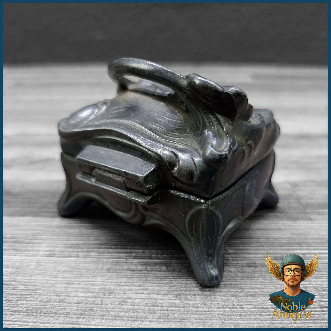 1910 Antique Art Nouveau Floral Footed Pewter Jewellery Ring Casket Box