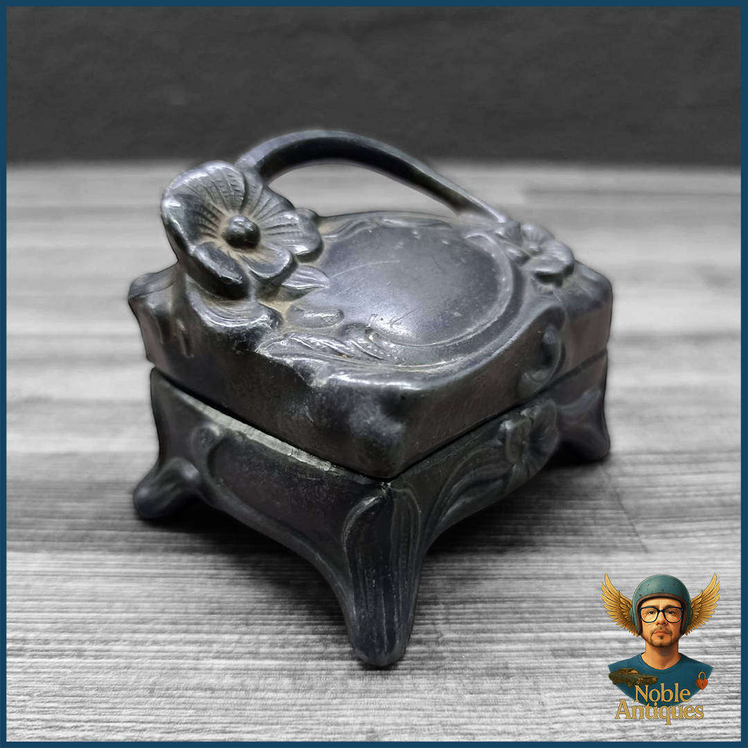 1910 Antique Art Nouveau Floral Footed Pewter Jewellery Ring Casket Box