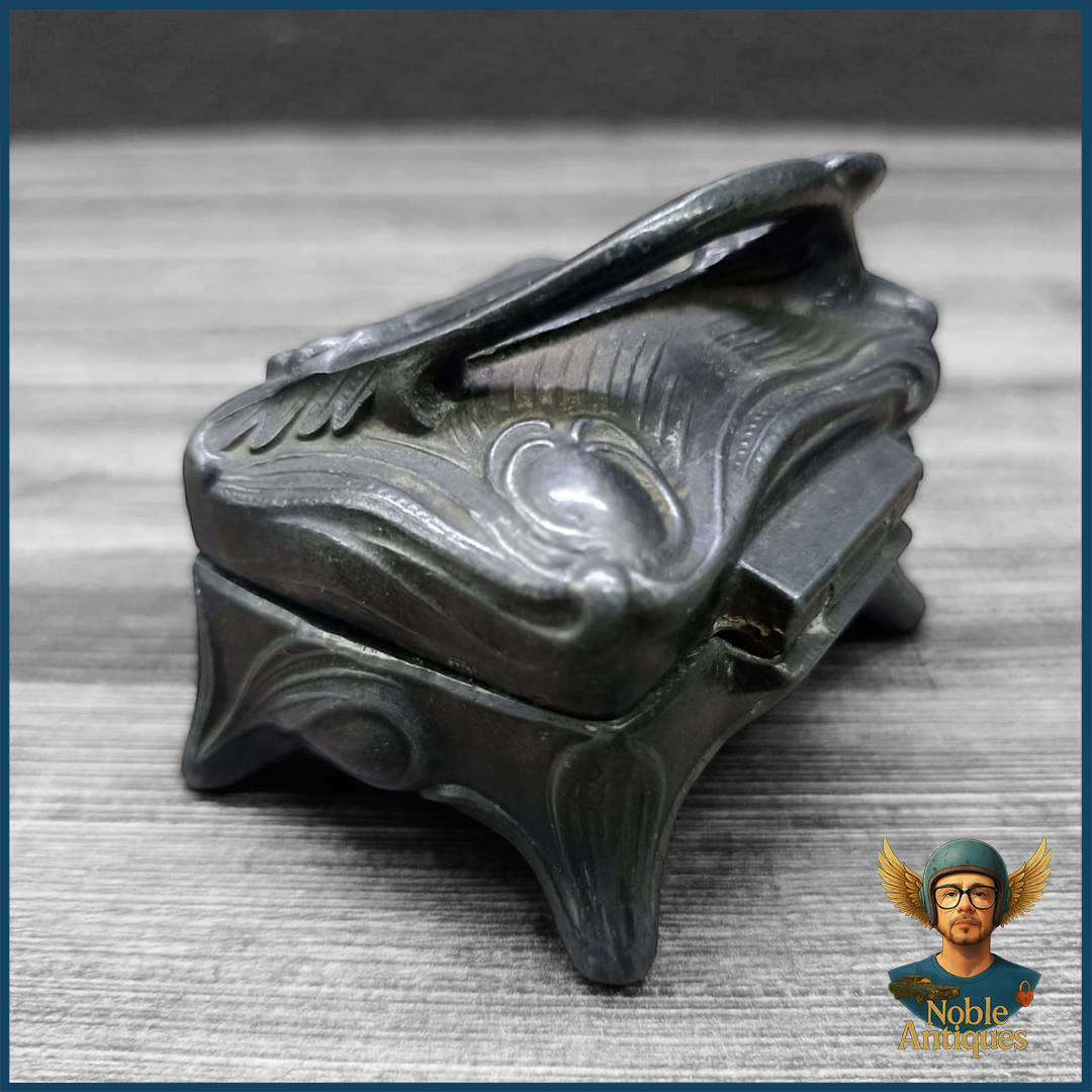 1910 Antique Art Nouveau Floral Footed Pewter Jewellery Ring Casket Box