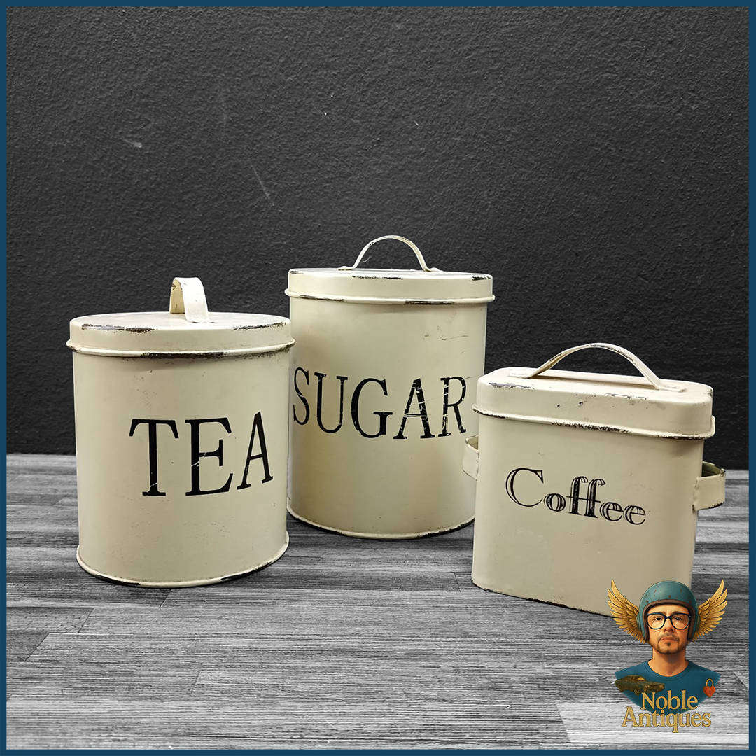 Three Vintage Metal Canisters For Storing Tea, Sugar, And Coffee