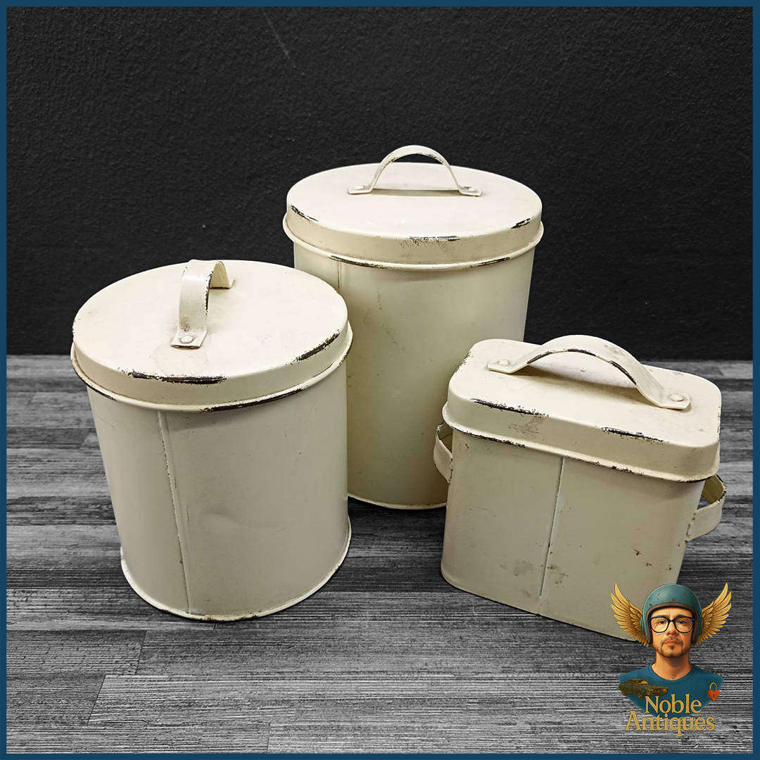 Three Vintage Metal Canisters For Storing Tea, Sugar, And Coffee