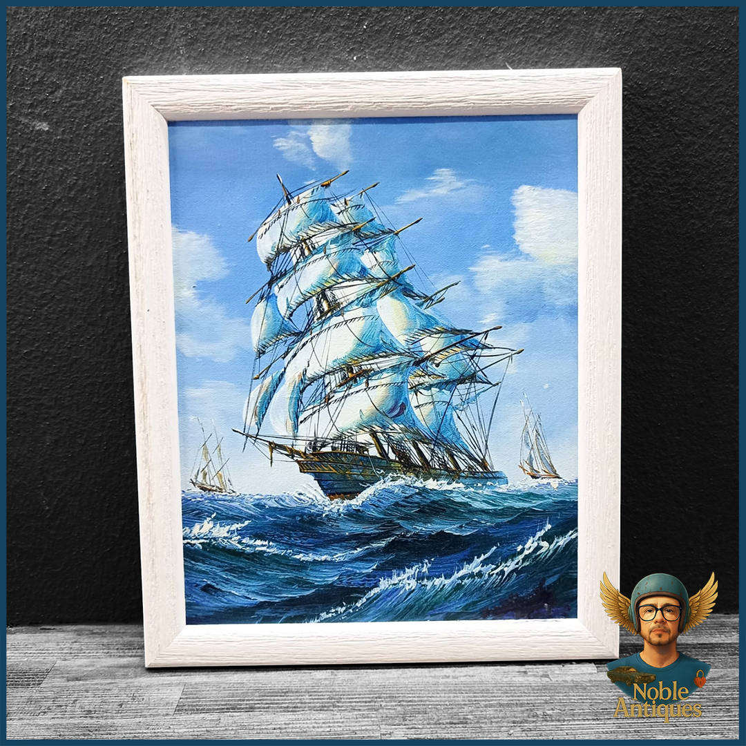 Vintage Framed Oil on Board Depicting A Clipper Ship At Sea P2