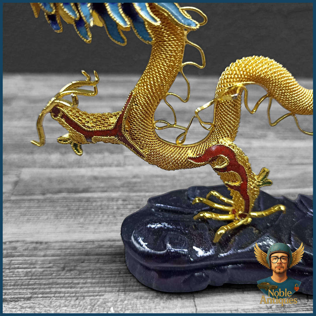 Filigree And Enamel Asian Dragon On Wooden Stand