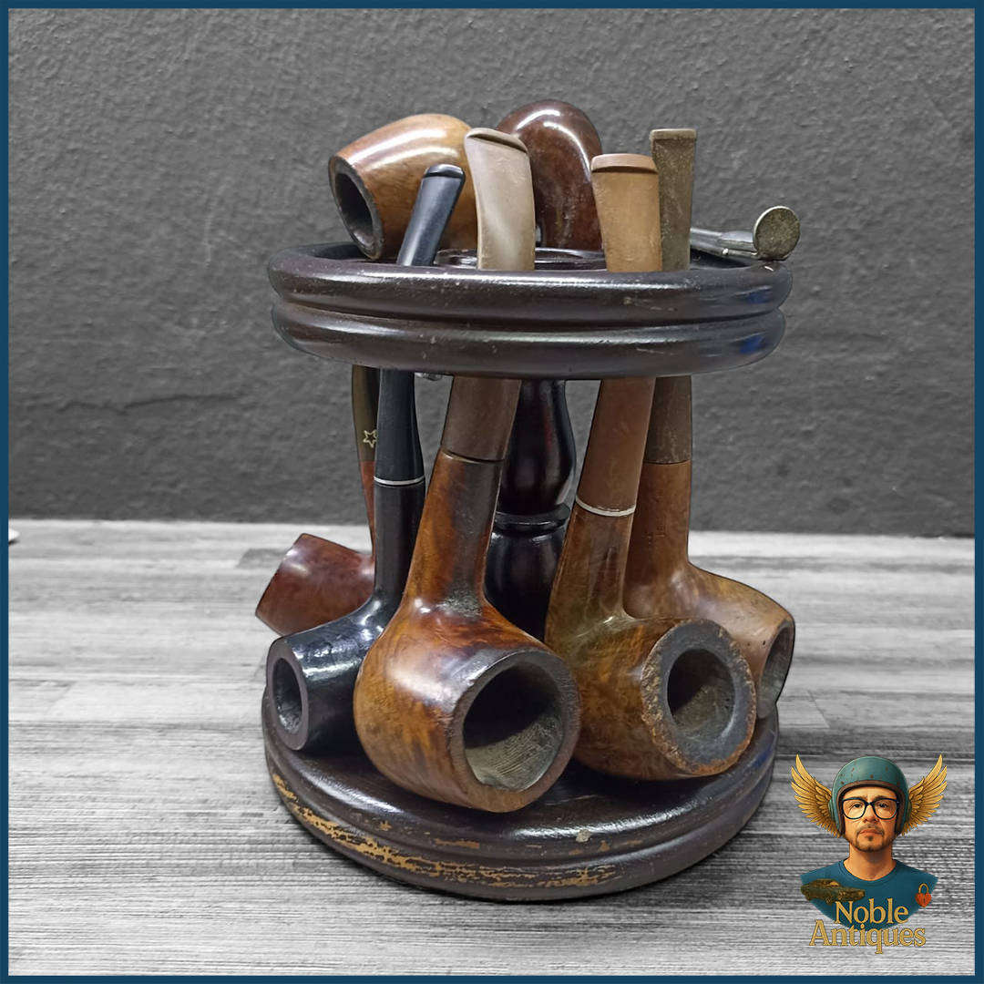 Vintage Ship's Wheel 8 Slot Pipe Stand With Pipes and Pipe Tool