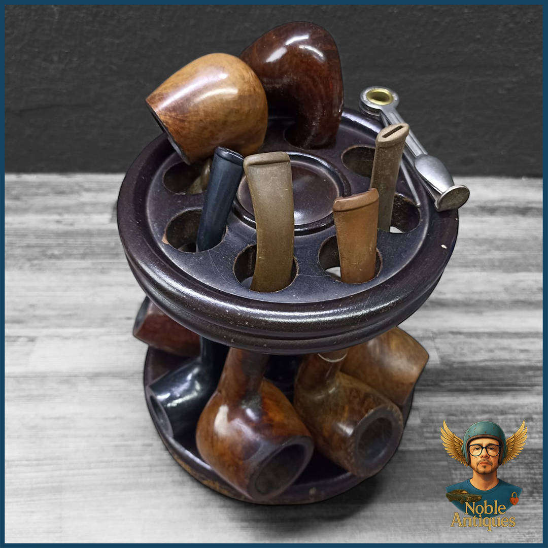 Vintage Ship's Wheel 8 Slot Pipe Stand With Pipes and Pipe Tool