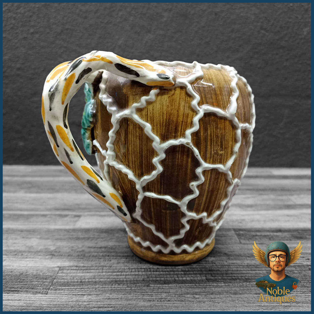 Signed Italian Majolica with Applied Handle and Flowers Pitcher