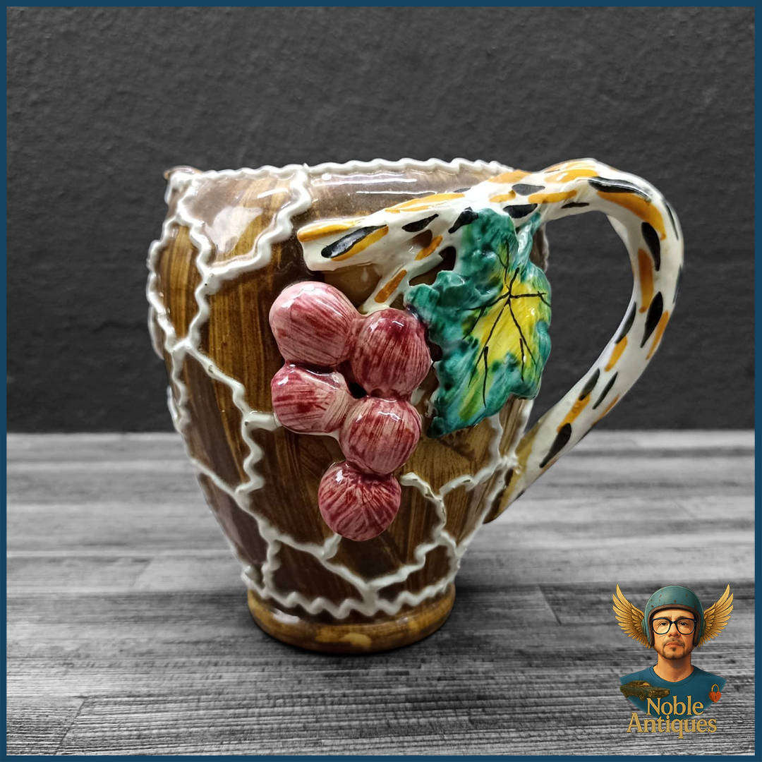 Signed Italian Majolica with Applied Handle and Flowers Pitcher