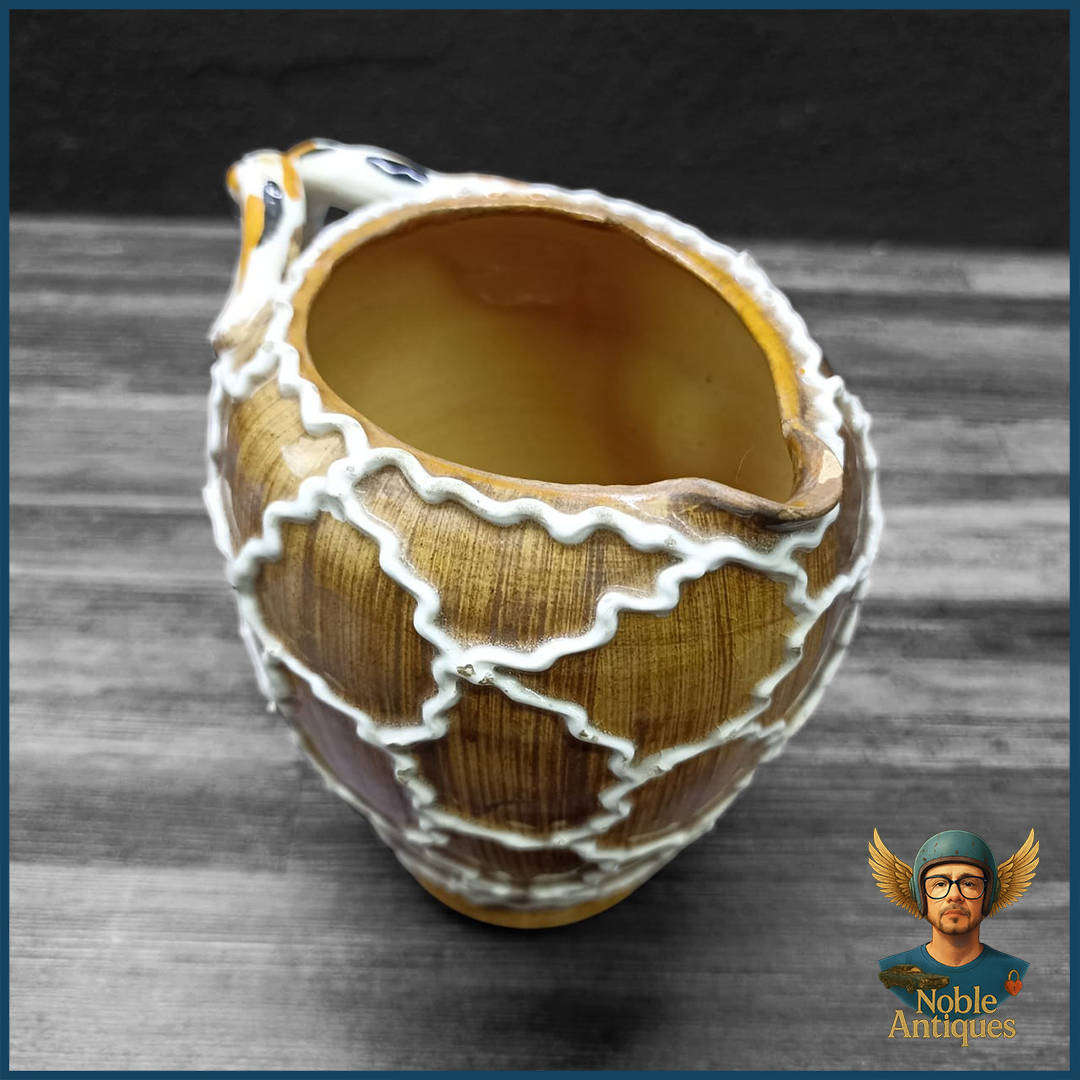 Signed Italian Majolica with Applied Handle and Flowers Pitcher